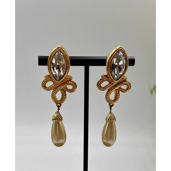 Swarovski Swan Vintage Crystal Teardrop Faux Pearl Gold Plated Dangle Earrings - Picture 3 of 8
